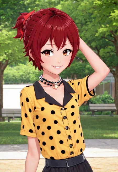 1girl,short hair,at the park,win red hair,gyaru,polka dot, miku,flat chested,clothes around waist, nail polish, jewelry, looking at viewer, bracelet, animal print, arms behind head, red hair, smile, wrist scrunchie, choker, polka dot, outdoors