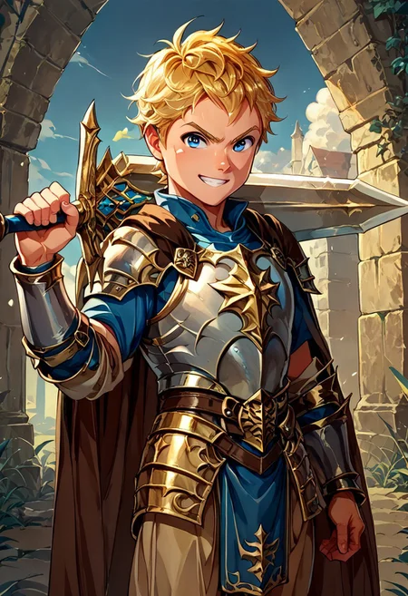 score_9, score_8_up, score_7_up, 1boy, solo, cute boy, young, blonde hair, blue eyes, angry smile, cape, breastplate, pauldrons, bracers, codpiece, loincloth, knight boy, holding sword-over-shoulder, weapon over shoulder
