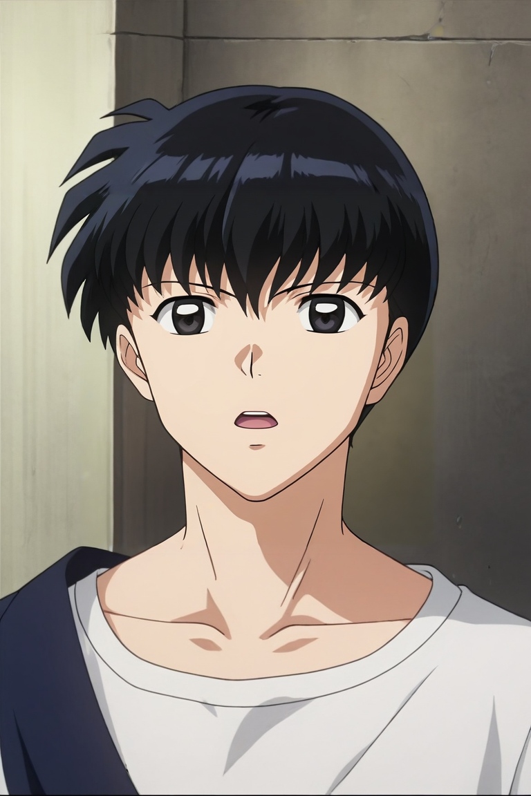 score_9, score_8_up, score_7_up, source_anime, rating_safe, intricate details, , depth of field, 1boy, male focus, <lora:ken_kaneki_pony:0.59>, ken_kaneki, black hair, black eyes, short hair, bangs, solo, rule of thirds, fuji mountain, day, sunny, the pose, open mouth, <lora:inuyasha_style_pony:1.14>, inuyasha_style, , <lora:sdxl_lightning_8step_lora:1>