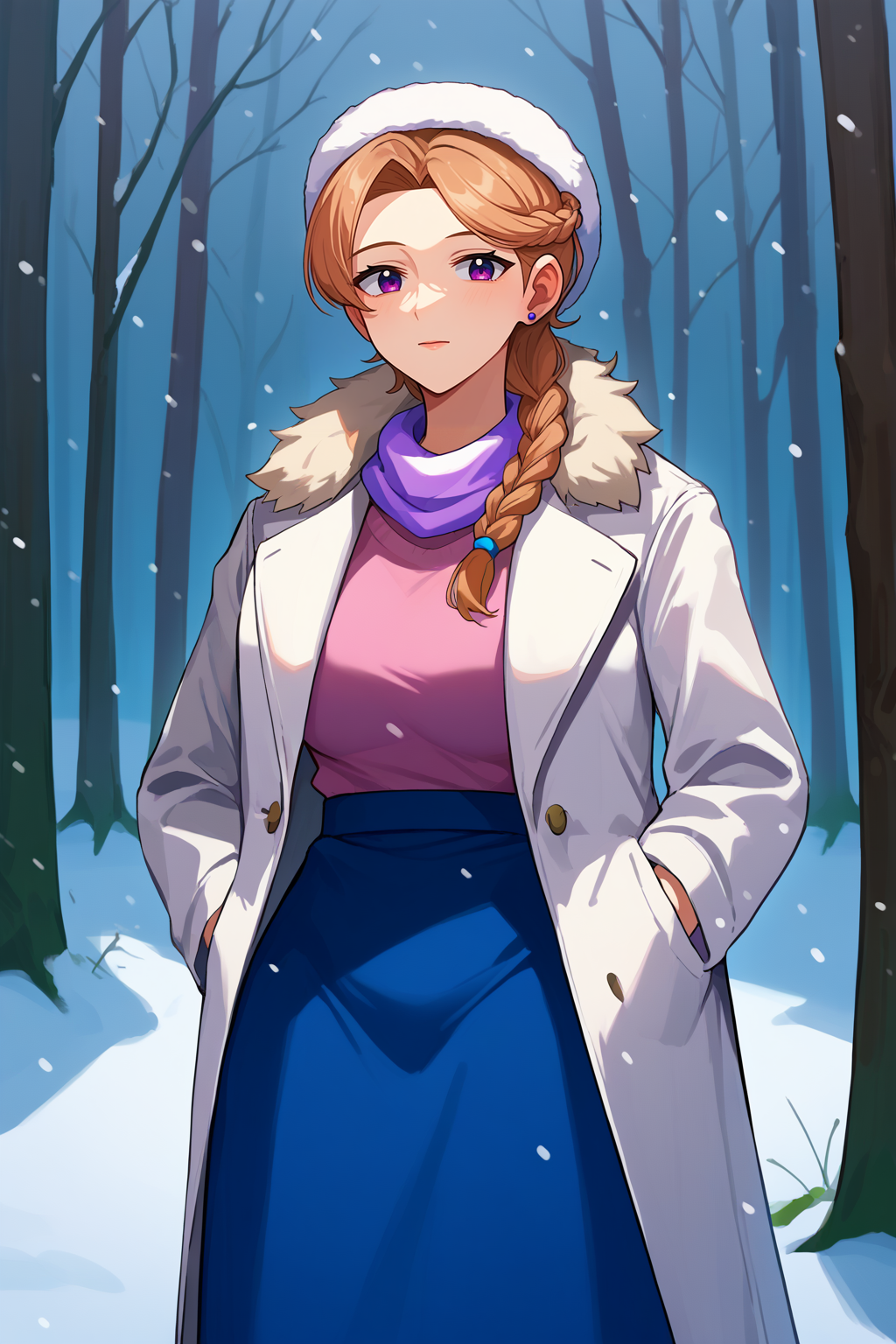 score_9, score_8_up, score_7_up, BREAK 1girl, solo <lora:NSJodiStardew:1> NSJodiStardew, light brown hair, purple eyes, single braid, stud earrings, mature, make-up, fur hat, white coat, winter, pale skin, snowing, forest, blue skirt, long skirt, fur trim, nature, white scarf