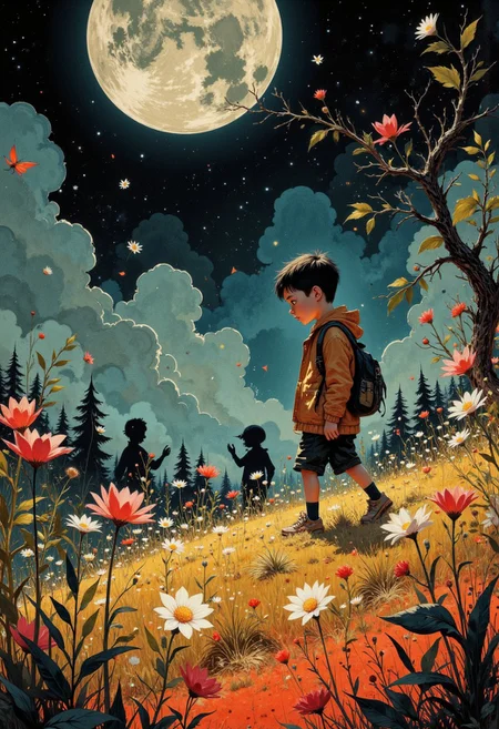 Create a beautifully detailed drawing capturing a fantastical world infused with nostalgia and shadowy intrigue. The style features clean, confident outlines with soft watercolor washes, balancing warmth and accessibility with intricate detail. The palette contrasts muted tones—warm ochres, soft reds, creamy whites—with stark, inky blacks, creating a dramatic interplay of light and shadow that evokes both innocence and mystery. The atmosphere blends vintage children’s book charm with an eerie undertone, as if balanced between reality and a shadowy dreamscape.
Characters should have naturalistic proportions and subtle expressiveness, their features gently exaggerated to reflect curiosity, resilience, or vulnerability. Dynamic shadow puppet figures may emerge in the background, their silhouettes adding to the narrative and reinforcing the duality of light and shadow. The focus will be on a specific subject—Crossing a field bathed in pale moonlight, Henry walks among shadowy flowers swaying rhythmically, their faintly glowing petals casting soft reflections on the ground. The eerie stillness is broken only by a quiet, haunting melody that seems to come from nowhere—carefully integrated into the scene. The composition is grounded yet surreal, seamlessly merging whimsical simplicity with haunting, thought-provoking detail to invite wonder and introspection.