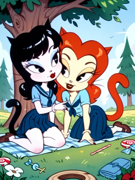 score_9, score_8_up, score_7_up, score_6_up, score_5_up, score_4_up, 2girls, (Nastassia_Slinky, white skin, tail, bangs, red lips), (candy_kitty, black eyes, tail), school uniform, outdoors, tree, grass, blanket, detailed eyes, detailed face, detailed background, <lora:felixgirls-09:1>