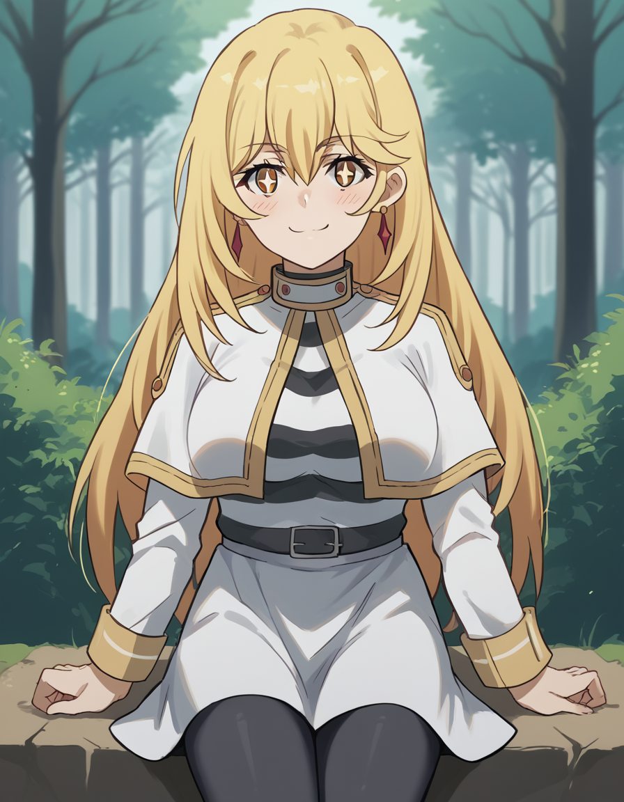 score_9, score_8_up, score_7_up, source_anime, <lora:misaki-shokuhou-s3-ponyxl-lora-nochekaiser:1>, misaki shokuhou, blonde hair, hair between eyes, long hair, symbol-shaped pupils, yellow eyes, large breasts, <lora:frieren-cosplay-ponyxl-lora-nochekaiser:1>, frieren cosplay, frieren (cosplay), shirt, long sleeves, jewelry, pantyhose, earrings, striped, black pantyhose, capelet, striped shirt, skirt, white skirt,, forest, sitting, smile, blush, cowboy shot, looking at viewer