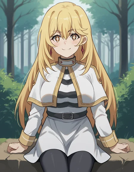 score_9, score_8_up, score_7_up, source_anime, <lora:misaki-shokuhou-s3-ponyxl-lora-nochekaiser:1>, misaki shokuhou, blonde hair, hair between eyes, long hair, symbol-shaped pupils, yellow eyes, large breasts, <lora:frieren-cosplay-ponyxl-lora-nochekaiser:1>, frieren cosplay, frieren (cosplay), shirt, long sleeves, jewelry, pantyhose, earrings, striped, black pantyhose, capelet, striped shirt, skirt, white skirt,, forest, sitting, smile, blush, cowboy shot, looking at viewer
