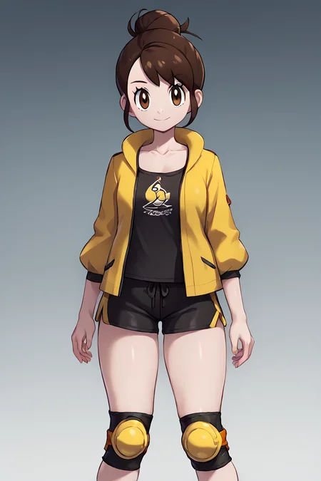 high resolution, highly detailed, perfect lighting, beautiful detailed eyes, ((masterpiece,best quality)), absurdres,      smile,  solo,  <lora:Gloria_Pokemon_P1:0.8>,        gloria (pokemon),  gloriaDojo, yellow jacket, black shirt, black shorts, knee pads,  short hair, single hair bun, collarbone,    curvy, contrapposto,