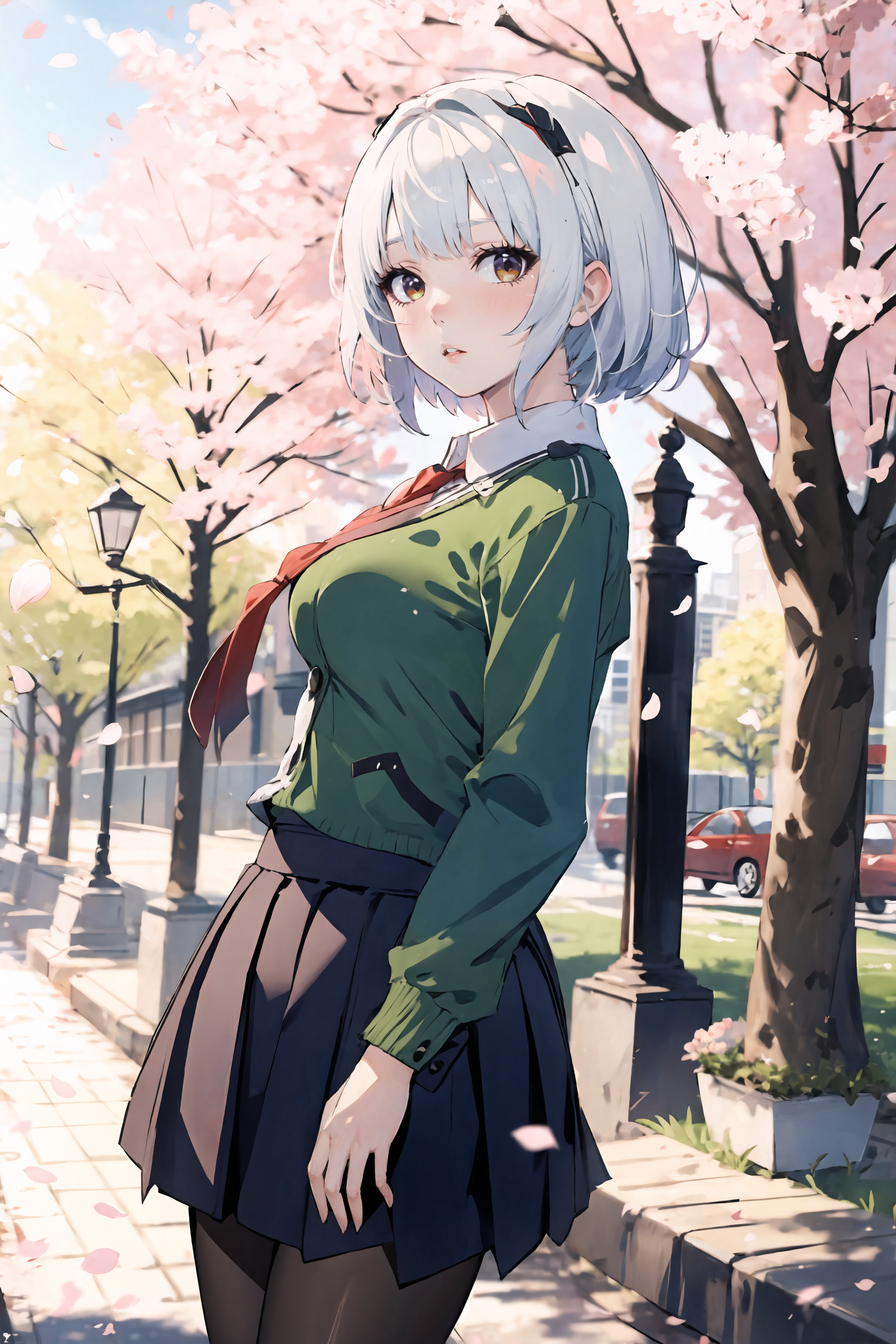 1girl, anby demara, solo, school uniform, white shirt, sweater, pleated skirt, pantyhose, outdoors, street, cherry blossoms, petals, depth of field, parted lips, looking at viewer