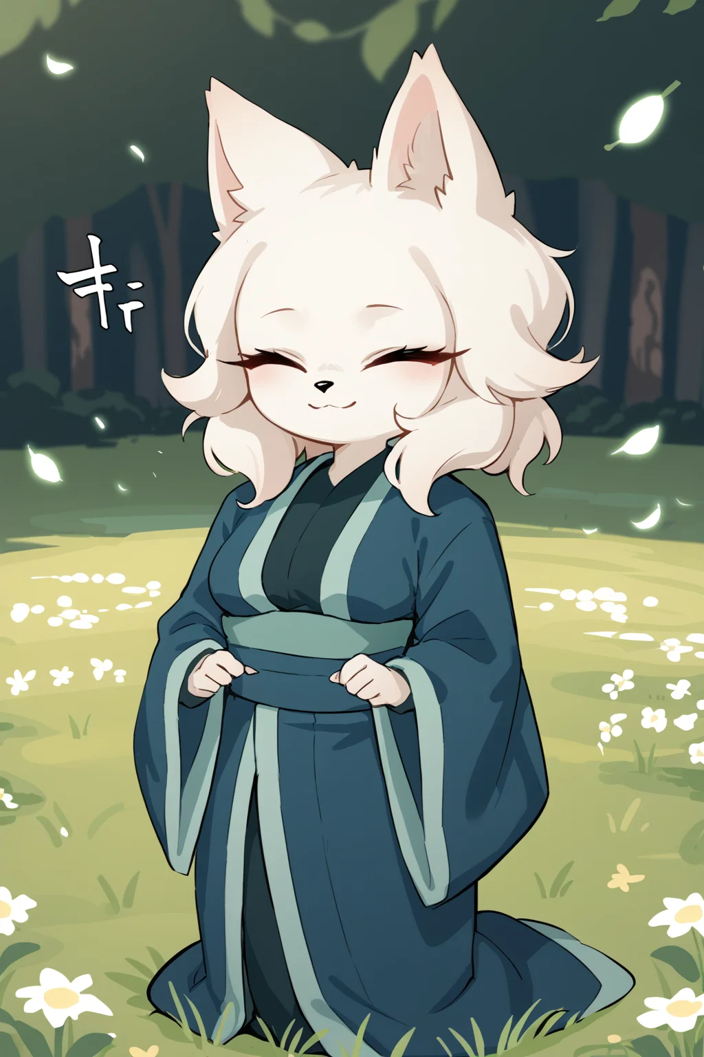 score_9, score_8_up, score_7_up, score_4_up, score_5_up, score_6_up, source_anime, <lora:Heng_Nine_Sols:0.7>, furry, anthro, body fur, white fur, fluffy fur, animal nose, large eyes, narrowed eyes, long eyelashes,  animal ears, medium breasts, grass, looking at viewer
skindentation, kimono, robe, cloak,
(gratitude, (joyful ^_^ happy delighted blissful:1.1) , closed eyes, opened mouth, smile, ),