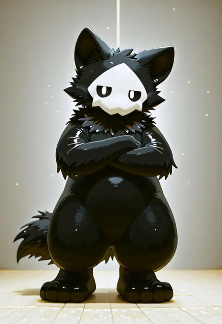 zuppu11, full body, solo, furry, score_9, score_8_up, look at viewer, male focus, no humans, furry male, flux-style, detailed eyes, puro, black latex, furry, changed, white eyes, white mask, black fur, 1boy, solo