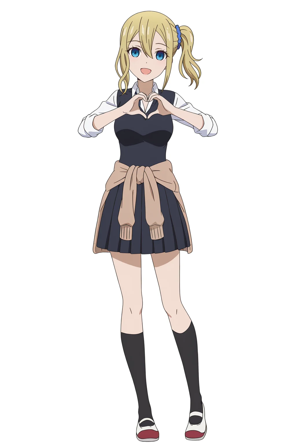 <lora:Ai HAYASAKA_illustrious-000018:1>,1girl,solo,
Ai HAYASAKA,solo,side ponytail,scrunchie,blue scrunchie,heart,school uniform,hair scrunchie,heart hands,hair ornament,open mouth,socks,white footwear,black socks,looking at viewer,smile,shoes,full body,clothes around waist,shirt,uwabaki,black dress,long sleeves,:d,white background,sidelocks,breasts,dress,kneehighs,white shirt,sweater,collared shirt,cardigan,medium breasts,anime screencap,