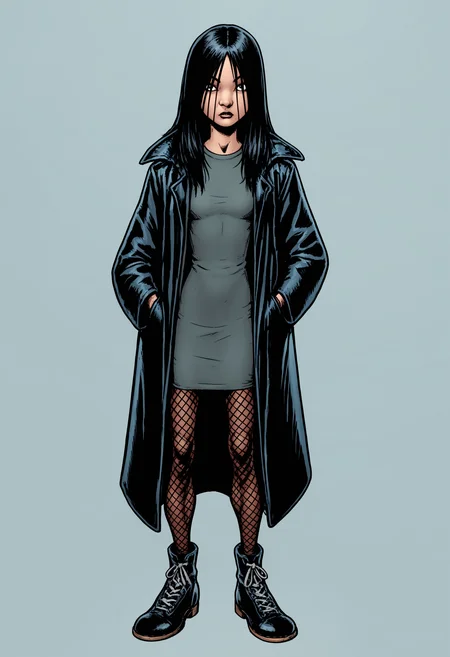 score_9, score_8_up, score_7_up, score_6_up, score_5_up, score_4_up, source_western, source_cartoon, 1girl, <lora:TheFemale:0.85> small breasts, black eyes, black hair, long hair, long coat, fishnets, tights, dress, black footwear, full body, side view,
light blue background, simple background,