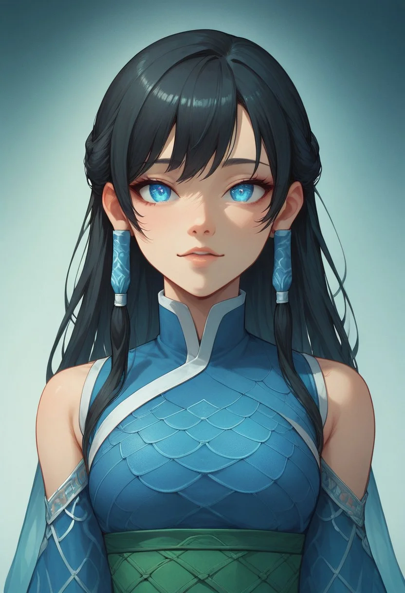 score_9, score_8_up, score_7_up, 8k, best quality, charturnerv2, sz4d3k, 1girl, even skin tone, cell shaded, female focus, indirect lighting, detailed face, detailed eyes, detailed, Expressiveh, adult female, Soryu, black hair, long hair, blue hair tubes, blue eyes, chinese clothes, azure dragon garb, close up, face focus, headshots,