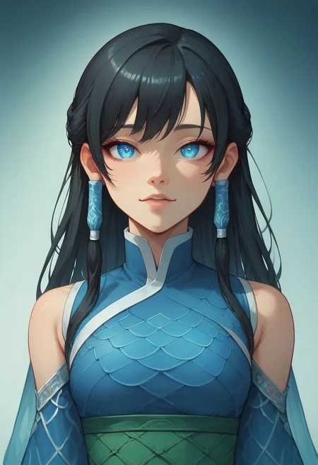 score_9, score_8_up, score_7_up, 8k, best quality, charturnerv2, sz4d3k, 1girl, even skin tone, cell shaded, female focus, indirect lighting, detailed face, detailed eyes, detailed, Expressiveh, adult female, Soryu, black hair, long hair, blue hair tubes, blue eyes, chinese clothes, azure dragon garb, close up, face focus, headshots,