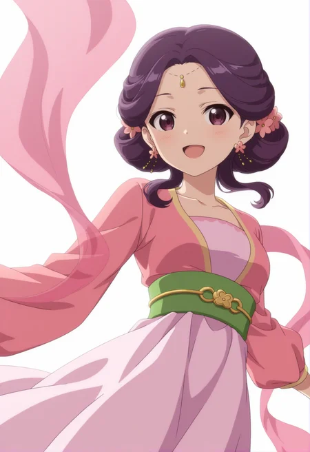 <lora:Ying Hua_illustrious-000040:1>,PN_\(Yinghua\),hair flower,solo,earrings,smile,jewelry,open mouth,looking at viewer,simple background,white background,collarbone,:d,pink dress,purple eyes,purple hair,cowboy_shot