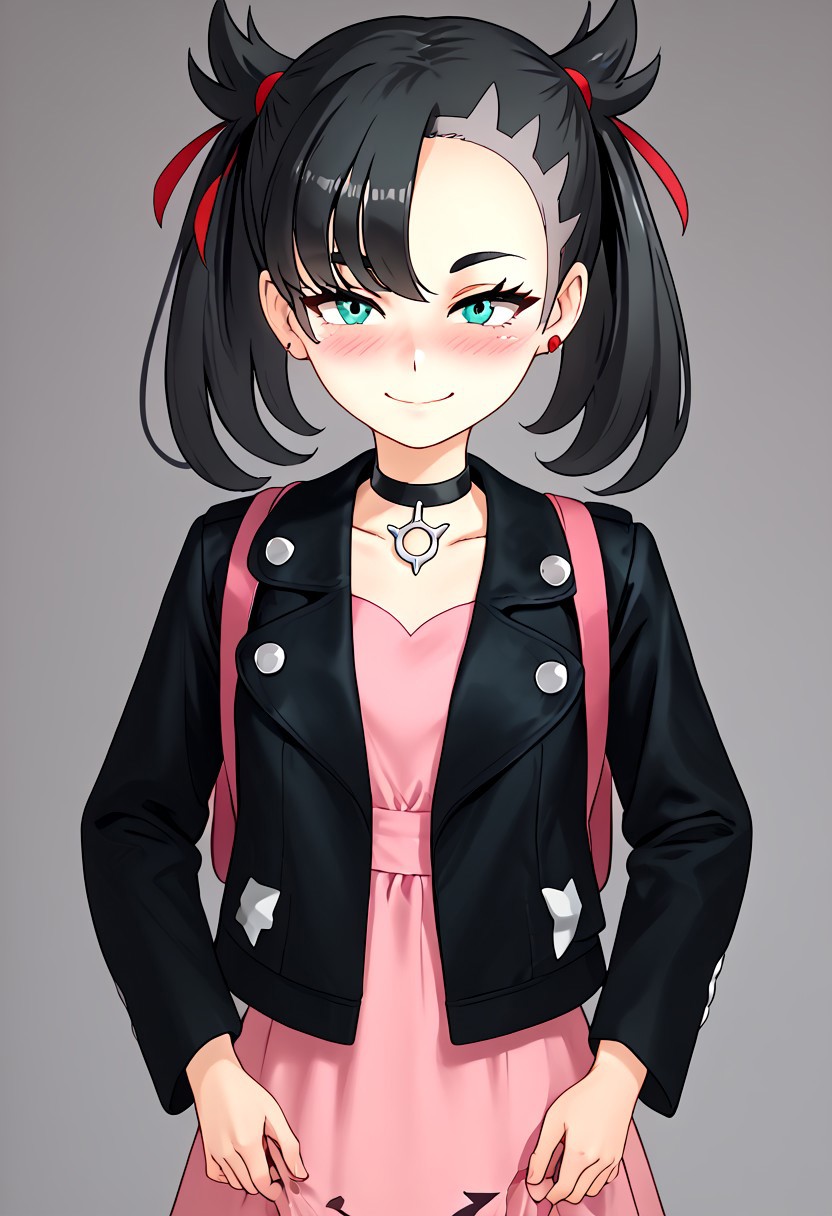 score_4,score_5,score_6,score_7_up,score_8_up,score_9 ((masterpiece,best quality,ultra detailed,highres,HD,4k:1.2)), 
1 girl,solo,face focus,
pokemonmarnie, aqua eyes, asymmetrical bangs, asymmetrical hair, black hair, hair ribbon, long hair, red ribbon, ribbon, twintails,
backpack, bag, black choker, black jacket, choker, dress, earrings, jacket, jewelry, long sleeves, open clothes, pink bag, pink dress,
smile,blush,Put your fingers on your mouth, put both fingers on the corners of your mouth, stretch the corners of your mouth with your fingers,