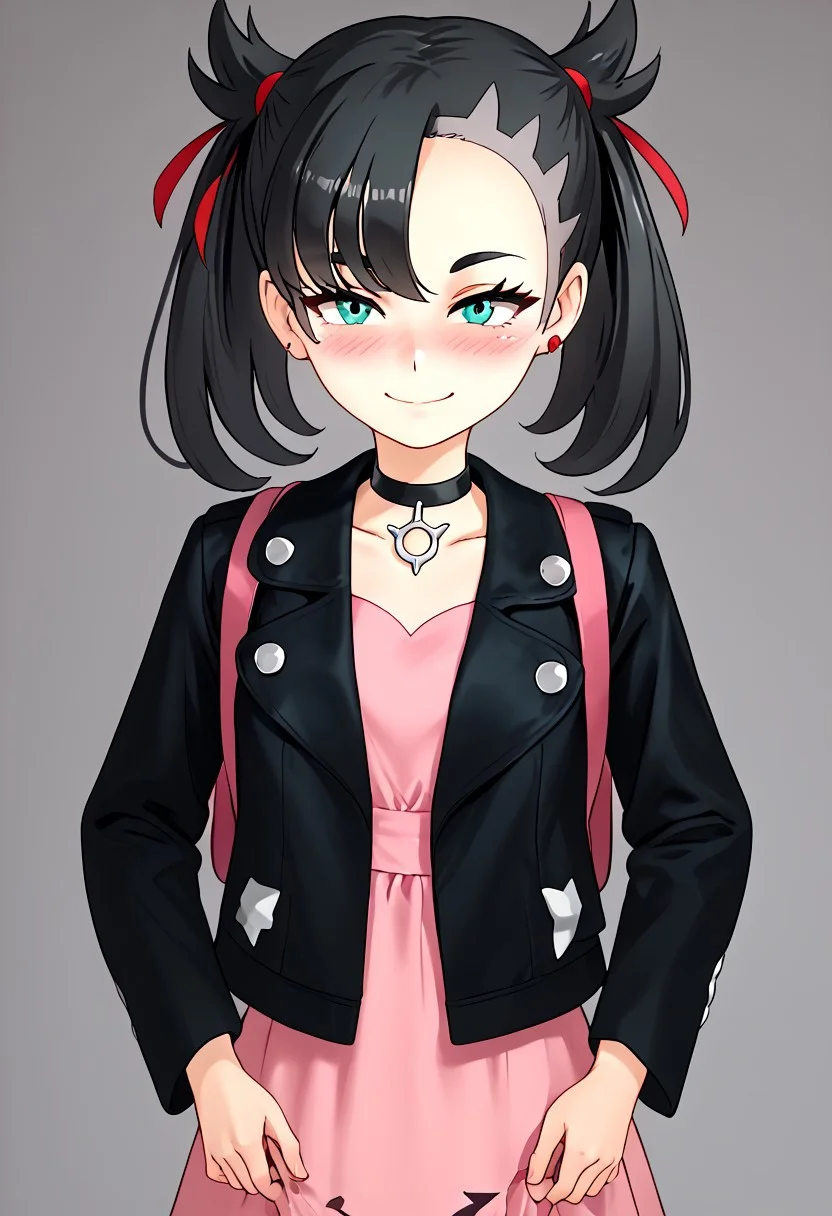 score_4,score_5,score_6,score_7_up,score_8_up,score_9 ((masterpiece,best quality,ultra detailed,highres,HD,4k:1.2)), 
1 girl,solo,face focus,
pokemonmarnie, aqua eyes, asymmetrical bangs, asymmetrical hair, black hair, hair ribbon, long hair, red ribbon, ribbon, twintails,
backpack, bag, black choker, black jacket, choker, dress, earrings, jacket, jewelry, long sleeves, open clothes, pink bag, pink dress,
smile,blush,Put your fingers on your mouth, put both fingers on the corners of your mouth, stretch the corners of your mouth with your fingers,