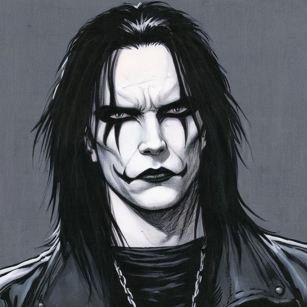 comic book art of  <lora:graphic novel style:1.2>
Eric Draven choppy hair a closeup drawing of a sad man with long hair In graphic novel style, comic art, graphic novel illustration