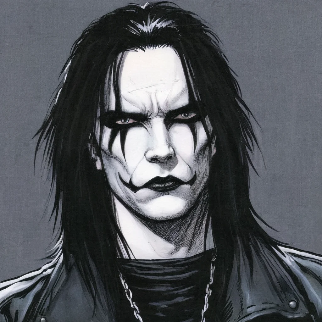 comic book art of  <lora:graphic novel style:1.2>
Eric Draven choppy hair a closeup drawing of a sad man with long hair In graphic novel style, comic art, graphic novel illustration