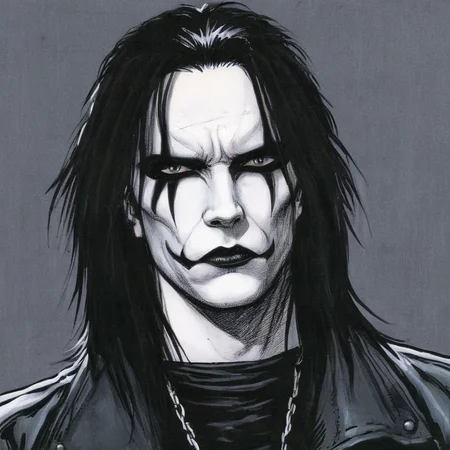 comic book art of <lora:graphic novel style:1.2>
Eric Draven choppy hair a closeup drawing of a sad man with long hair In graphic novel style, comic art, graphic novel illustration