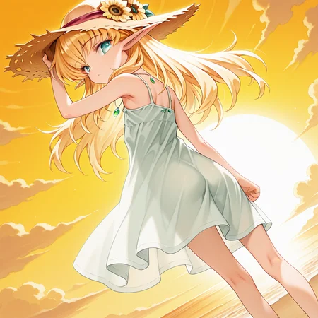 1girl,solo,<lora:IL_Collet_Brause_Pastel_Chime:1>,pc_cb,Collet Brause,elf,pointy ears,blonde hair,
dutch angle,with a golden hue,glowing,foreshortening,fantasy,looking at viewer,young,
sundress,
straw hat,hand on headwear,hat flower,hat ribbon,jewelry,necklace,pendant,
from back,looking back,Puffing out the chest,body visible through clothes,ass,armpits,kneepits,bloom,backlighting,, masterpiece,best quality,amazing quality,very aesthetic,absurdres,