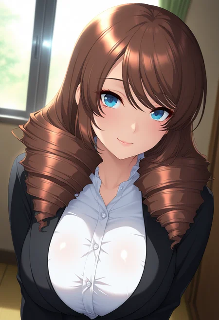 masterpiece, best quality, amazing quality, 1girl, solo, (portrait:1.2), yuukaww, mature female, blue eyes, brown hair, long hair, drill hair, twin drills, large breasts, black suit jacket, white dress shirt, long sleeves, looking at viewer, smile, indoors, skindentation, detailed clothing folds, depth of field, sharp, high contrast, dynamic light  <lora:Ayase_Yuuka_Otosareta_Bishimai_ill:1>