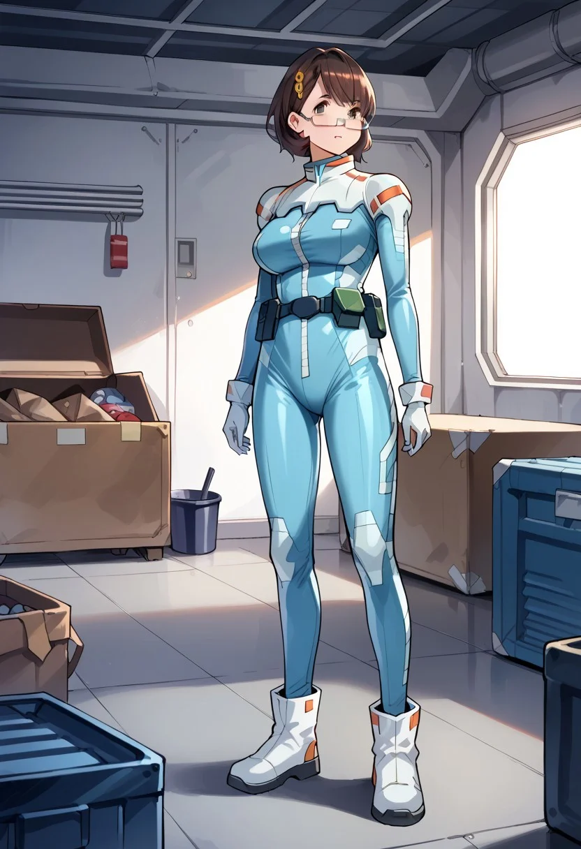 score_8, score_8_up, score_7_up, source_anime, 1girl, solo, female focus, Mia_CF, brown hair, medium hair, bob cut, hair ornament, glasses, semi-rimless eyewear, under-rim eyewear, large breasts, normal suit, pilot suit, blue bodysuit, utility belt, white gloves, ankle boots, white footwear, standing, indoors, garage