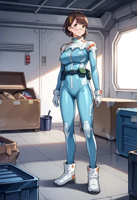 score_8, score_8_up, score_7_up, source_anime, 1girl, solo, female focus, Mia_CF, brown hair, medium hair, bob cut, hair ornament, glasses, semi-rimless eyewear, under-rim eyewear, large breasts, normal suit, pilot suit, blue bodysuit, utility belt, white gloves, ankle boots, white footwear, standing, indoors, garage