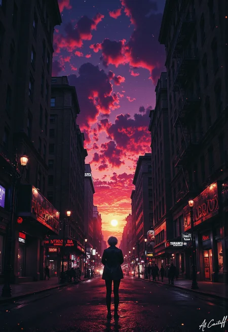 A woman with short, spiky silver hair and a leather jacket stands in a deserted alleyway at sunset, looking out at the cityscape. She is silhouetted against a vibrant purple and orange sky, with the sun a bright orange disc below her. Her arms are crossed and she appears to be lost in thought. The air is filled with tiny, glowing sparks that seem to be coming from the streetlights, casting a magical glow over the scene. The city's skyscrapers loom in the background, their windows reflecting the colorful sky., fg<lora:CustomFlux/MysticFantasy.safetensors:0.25000000000000006:0.25000000000000006> <lora:CustomFlux/MysticRealism.safetensors:1.0000000000000002:1.0000000000000002> <lora:Flux/Stylized-Super-Texture.safetensors:0.6000000000000001:0.6000000000000001>
