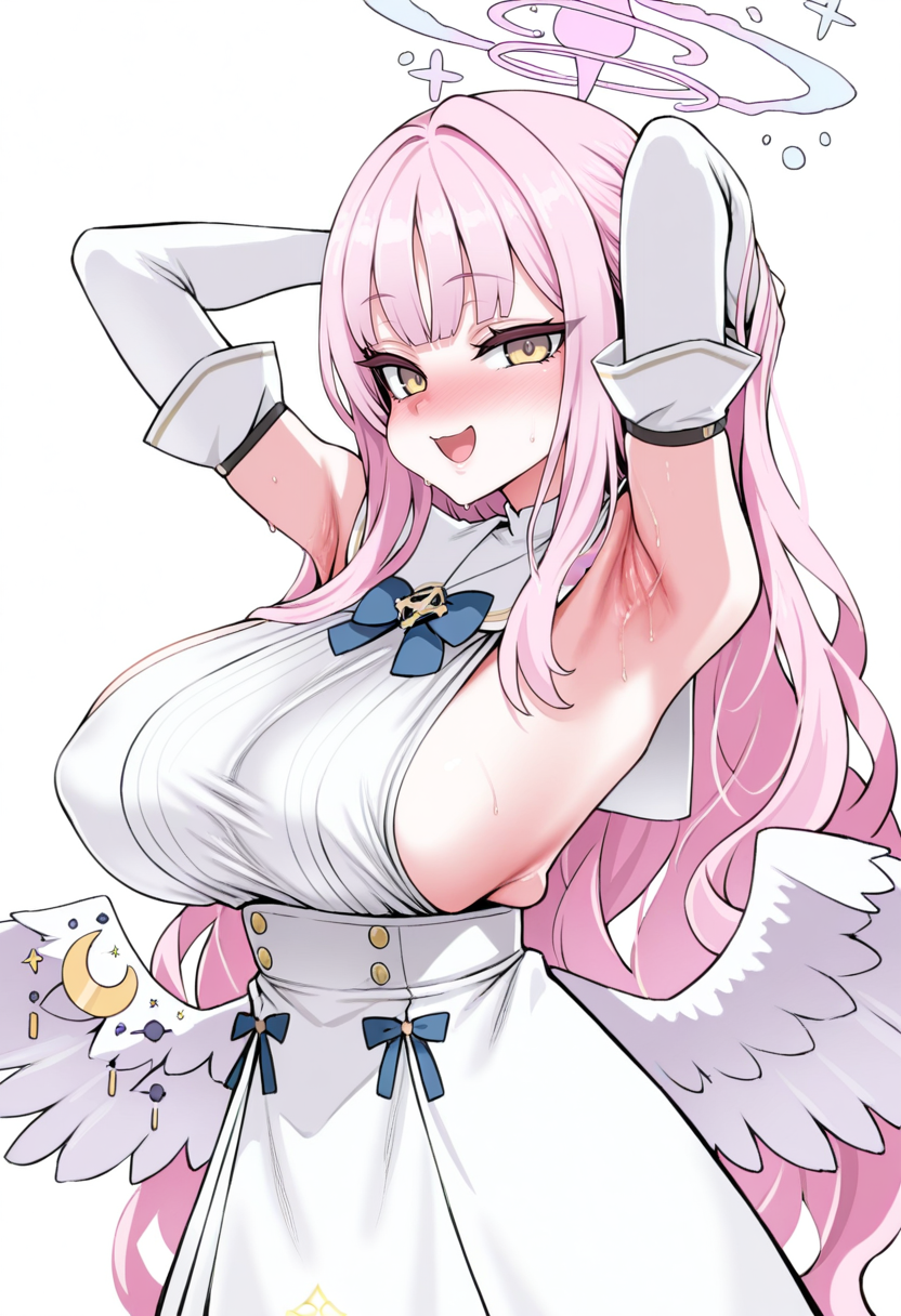 masterpiece, best quality,
 <lora:Asanagi:1> S4s4k1Nsfw, 1girl, armpits, solo, breasts, halo, pink hair, long hair, large breasts, sideboob, animal ears, blush, sweat, yellow eyes, wings, looking at viewer, detached sleeves, dress, arms up, white background, bangs, simple background, open mouth, smile, fox ears, low wings, sleeveless