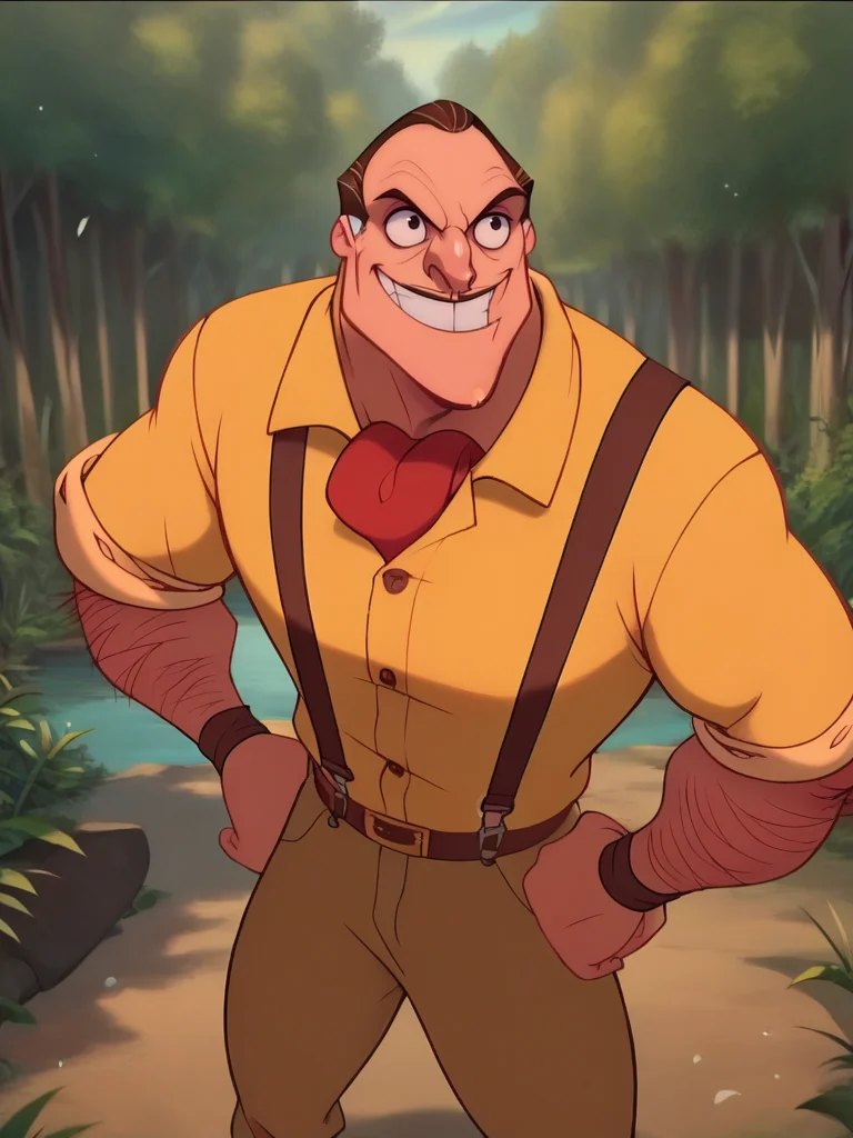 score_9, score_8_up, score_7_up, score_6_up, 1boy, hands on hips, cowboy shot, (dynamic pose:1.1), dynamic angle, detailed background, front, forest, from above, solo,
<lora:Clayton_character:1>, ClaytonXLP, arm hair, short hair, black eyes, brown hair, yellow shirt, pants, suspenders, grin, wristband, red ascot, anime screencap, mustache, muscular male,