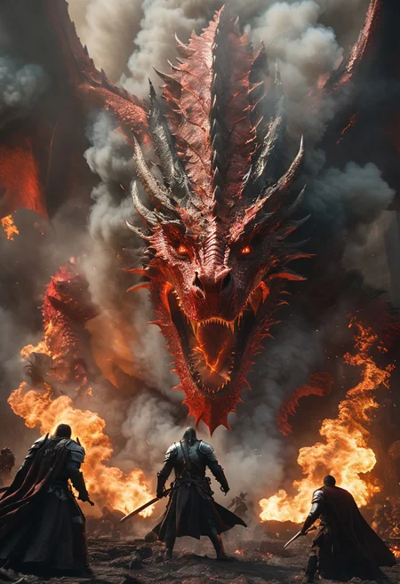 very dark focused flash photo, amazing quality, masterpiece, best quality, hyper detailed, ultra detailed textures, UHD, perfect anatomy, (Western DnD-style Red dragon:1.5), portrait, dof, hyper-realism, majestic, (four human heroes, 1Fighter,  1druid, 1ranger, 1wizard:1.5), (ultra realistic lighting:1.2), awesome, inspiring, Capture the thrilling showdown between the four heroes and the colossal dragon boss in an epic battle amidst swirling smoke and glowing embers floating in the air, Embrace the action and chaos as these formidable forces clash on the blackened wasteland, cinematic composition, soft shadows, national geographic style, humans are spread out