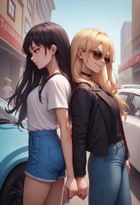score_9, score_8_up, score_7_up, source_anime, 2girls, back-to-back, from side, <lora:BackToBack_XLPD:0.55>, cowboy shot, outdoors, car, street, sunlight,
BREAK red eyes, black hair, long hair, white shirt, blue shorts, short shorts, short sleeves,
BREAK sunglasses, blonde hair, long hair, smirk, black jacket, black choker, black shirt, jeans, open jacket, hair between eyes,