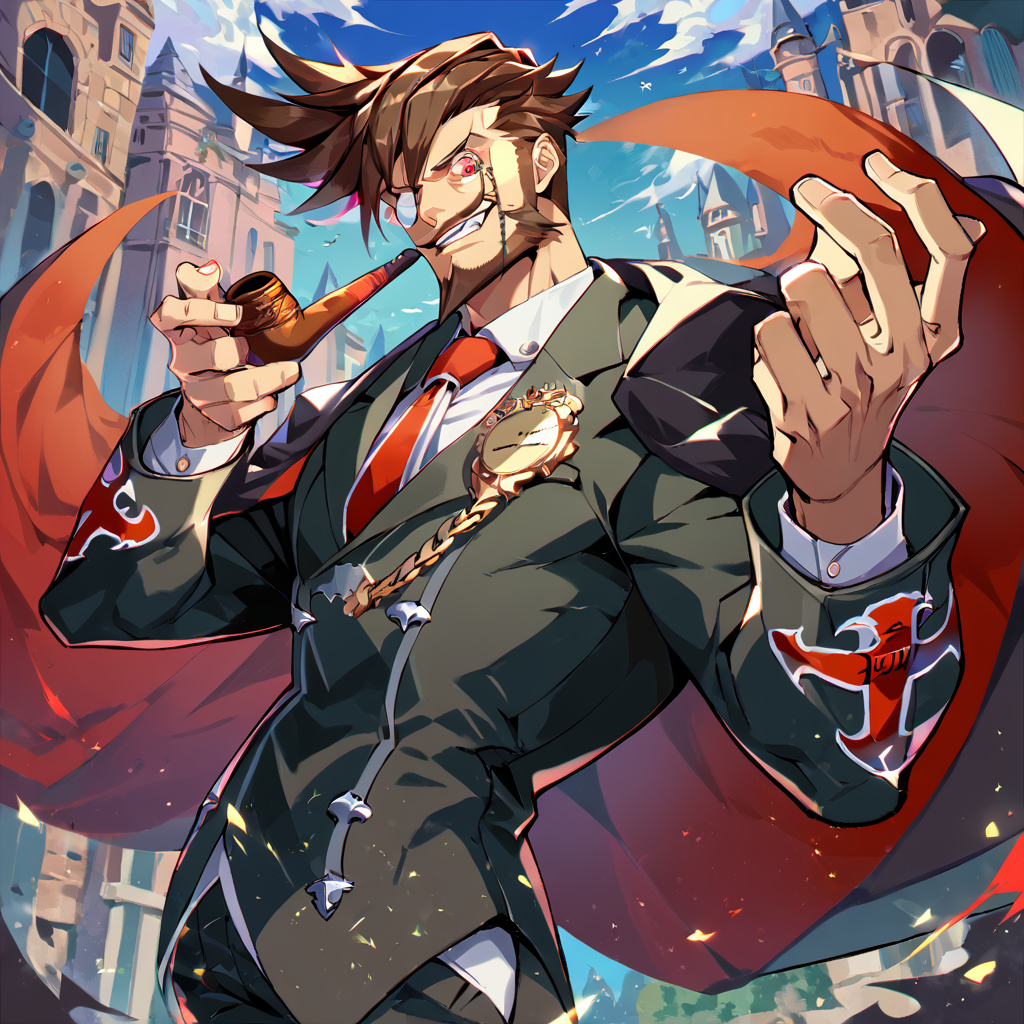 1boy, male focus, Slayer, guilty gear, score_9, score_8_up, score_7_up, score_6_up,  <lora:Slayer_from_Guilty_Gear:1>, solo, brown hair, smoking pipe, monocle, facial hair, mature male, formal, suit, cape, vampire, smirk, tie, white shirt, looking at viewer, toned, athletic, fit, fang, brown footwear, pocket watch, pipe, short hair, slicked to the side hair, mustache, male focus, best quality, amazing quality, best aesthetic, absurdres, smirk, evil smile, red eyes, glowing eyes, cocky, haughty, defiant, <lora:aesthetic_anime_v1s:0.4>, <lora:xl_more_art-full_v1:0.5> <lora:EpicF4nta5yXL:0.5>