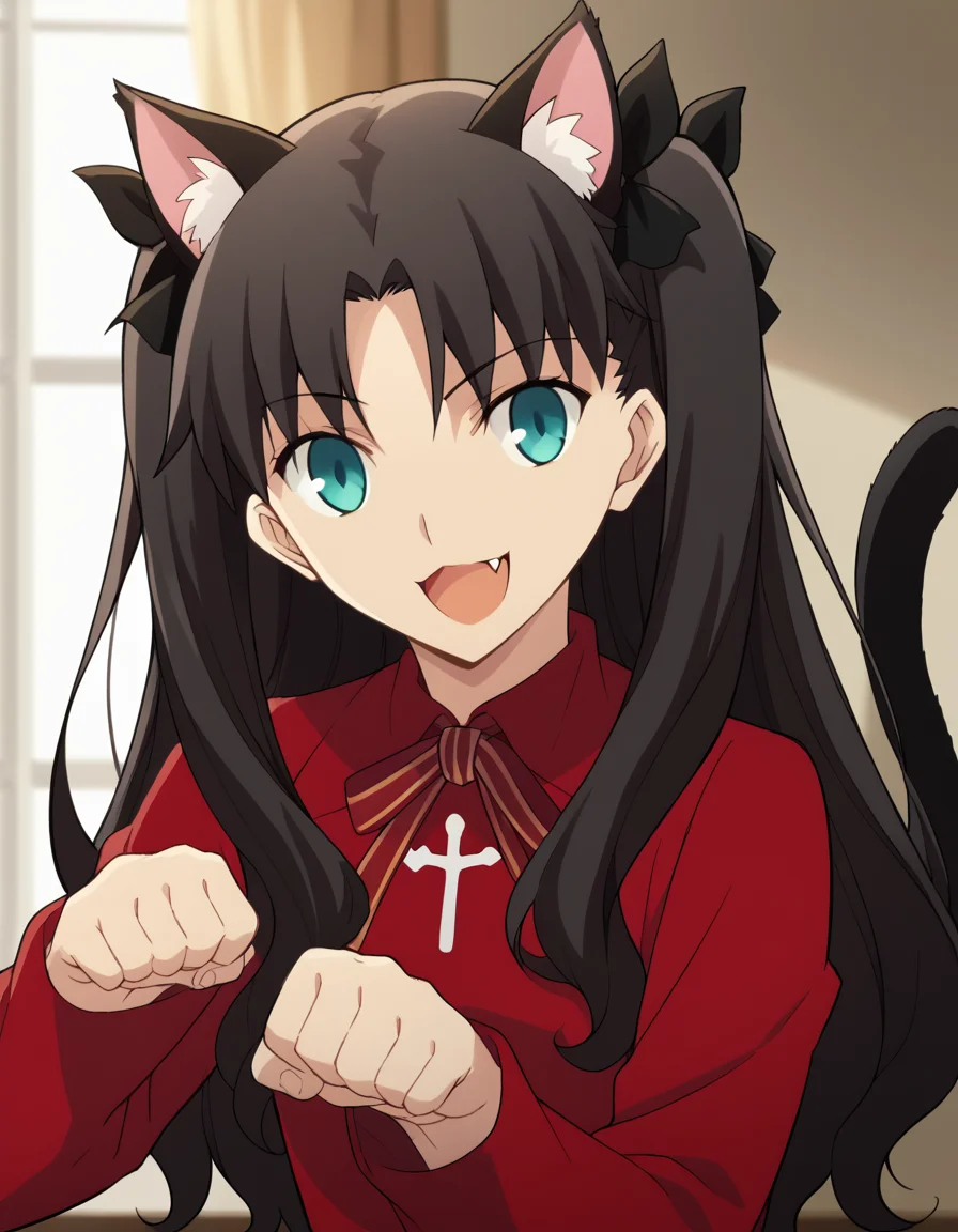score_9, score_8_up, score_7_up, source_anime, rintohsaka, <lora:rin-tohsaka-ubw-ponyxl-lora-nochekaiser:1>, rin tohsaka, aqua eyes, black hair, hair ribbon, long hair, ribbon, sidelocks, two side up, parted bangs,, <lora:paw-pose-ponyxl-lora-nochekaiser:1>, paw pose, cat ears, cat tail, animal ears, tail, cat girl, open mouth, fang, whiskers,, indoors, smile,, cowboy shot, dutch angle, looking at viewer,