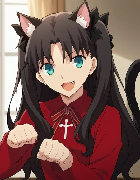 score_9, score_8_up, score_7_up, source_anime, rintohsaka, <lora:rin-tohsaka-ubw-ponyxl-lora-nochekaiser:1>, rin tohsaka, aqua eyes, black hair, hair ribbon, long hair, ribbon, sidelocks, two side up, parted bangs,, <lora:paw-pose-ponyxl-lora-nochekaiser:1>, paw pose, cat ears, cat tail, animal ears, tail, cat girl, open mouth, fang, whiskers,, indoors, smile,, cowboy shot, dutch angle, looking at viewer,