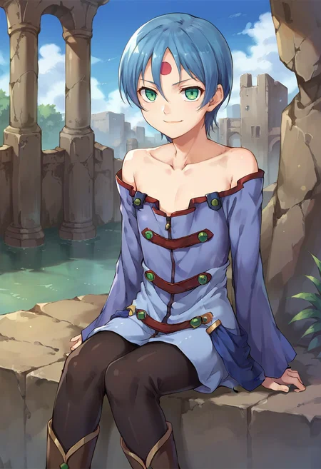 score_9,score_8_up,score_7_up,anime coloring,source_anime,<lora:Rease_Zoids:0.8>,ryss,1girl,solo,blue hair,short hair,green eyes,forehead mark,bare shoulders,flat chest,blue dress,collarbone,pants,black pants,boots,smug,sitting,arm support,outdoors,ruins,looking at viewer,