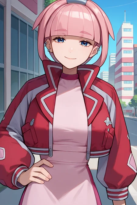 score_9, score_8_up, score_7_up, score_6_up, source_anime, 1girl, solo <lora:pkmnmollie-pdxl-nvwls-v1-000005:1> mollie, pink hair, blunt bangs, short hair, blue eyes, hairband, ear piercing, red jacket, cropped jacket, pink dress, pink skirt, black pantyhose, looking at you, smile, blue sky, city, hand on hip, upper body, closed mouth, happy, tired, big breasts