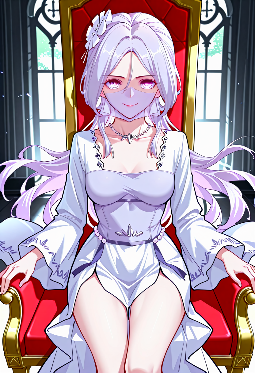 Chu_Qingcheng_IL,1girl,long purple hair,wavy hair,Soft wavy strands,hair ornament,parted bangs,purple eyes,hair between eyes,necklace,medium breasts,soft light purple veil,white dress,layered dress,pearl accents,high slit dress,wide sleeves,ornamental belt,waist gems,<lora:Chu_Qingcheng_IL:1>,
(Character),score_9_up,score_8_up,score_7_up,(Anime_source),Masterpiece,(Anime_source),Masterpiece,(incredibly detailed:1.4),slim,sitting on throne,castle room background,purple aura,glowing purple eyes,evil smile,looking at viewer,