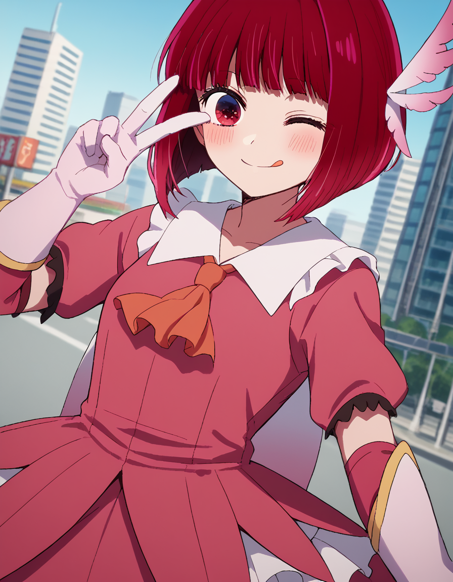 score_9, score_8_up, score_7_up, source_anime, kanaarima, <lora:kana-arima-s1-ponyxl-lora-nochekaiser:1>, kana arima, short hair, bangs, red eyes, red hair, bob cut,, <lora:prisma-illya-cosplay-ponyxl-lora-nochekaiser:1>, prismaillyacosplay, prisma illya \(cosplay\), dress, elbow gloves, feather hair ornament, feathers, frilled dress, frills, gloves, hair ornament, layered gloves, magical girl, orange ascot, pink dress, pink feathers, pink gloves, pink sleeves, white gloves,, cityscape, street, smile, blush, v, v over eye, one eye closed, tongue out,, cowboy shot, dutch angle, solo,