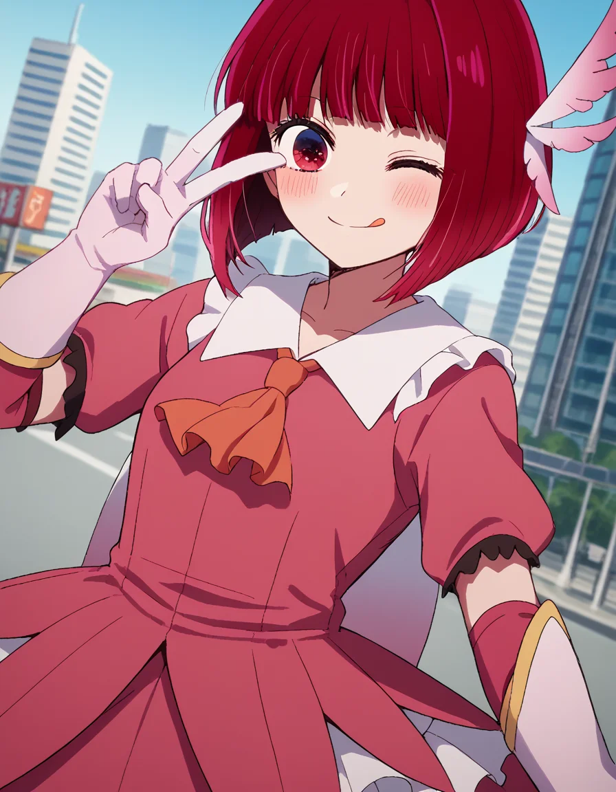 score_9, score_8_up, score_7_up, source_anime, kanaarima, <lora:kana-arima-s1-ponyxl-lora-nochekaiser:1>, kana arima, short hair, bangs, red eyes, red hair, bob cut,, <lora:prisma-illya-cosplay-ponyxl-lora-nochekaiser:1>, prismaillyacosplay, prisma illya \(cosplay\), dress, elbow gloves, feather hair ornament, feathers, frilled dress, frills, gloves, hair ornament, layered gloves, magical girl, orange ascot, pink dress, pink feathers, pink gloves, pink sleeves, white gloves,, cityscape, street, smile, blush, v, v over eye, one eye closed, tongue out,, cowboy shot, dutch angle, solo,