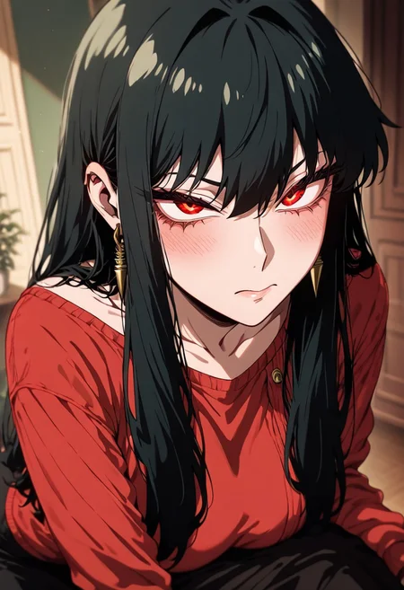 masterpiece, best quality, newest, absurdres, highres, GOTAV1.0, 1girl, yor_forger, spy_x_family, black_hair, red_eyes, red sweater