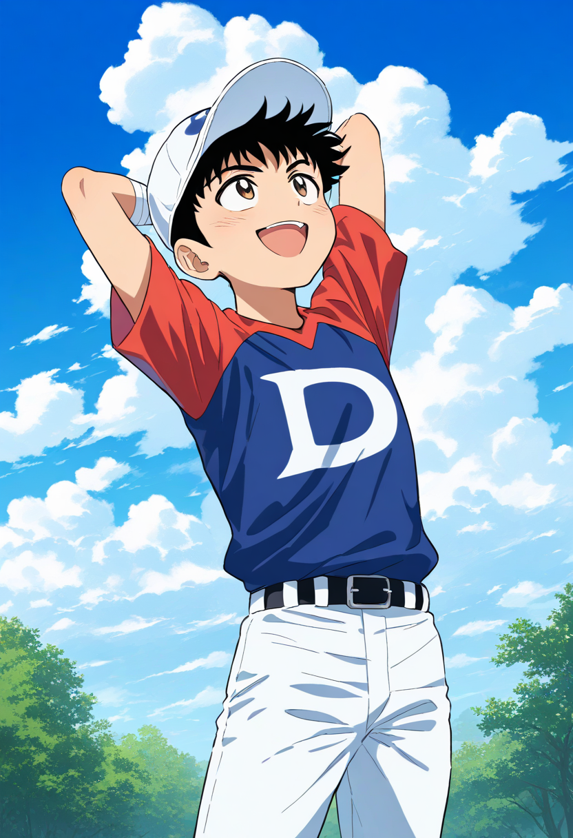 masterpiece,high score,great score,absurdres,goro honda,goro honda\(little league\),1boy,male focus,white pants,sky,solo,cloud,pants,smile,shirt,blue sky,belt,day,arms behind head,open mouth,bandages,black belt,arms up,outdoors,short sleeves,white headwear,blue shirt,sportswear,cloudy sky,looking up,hat,mifune dolphins baseball jersey,<lora:Goro_Shigeno_V1-1:0.8>,official art,
