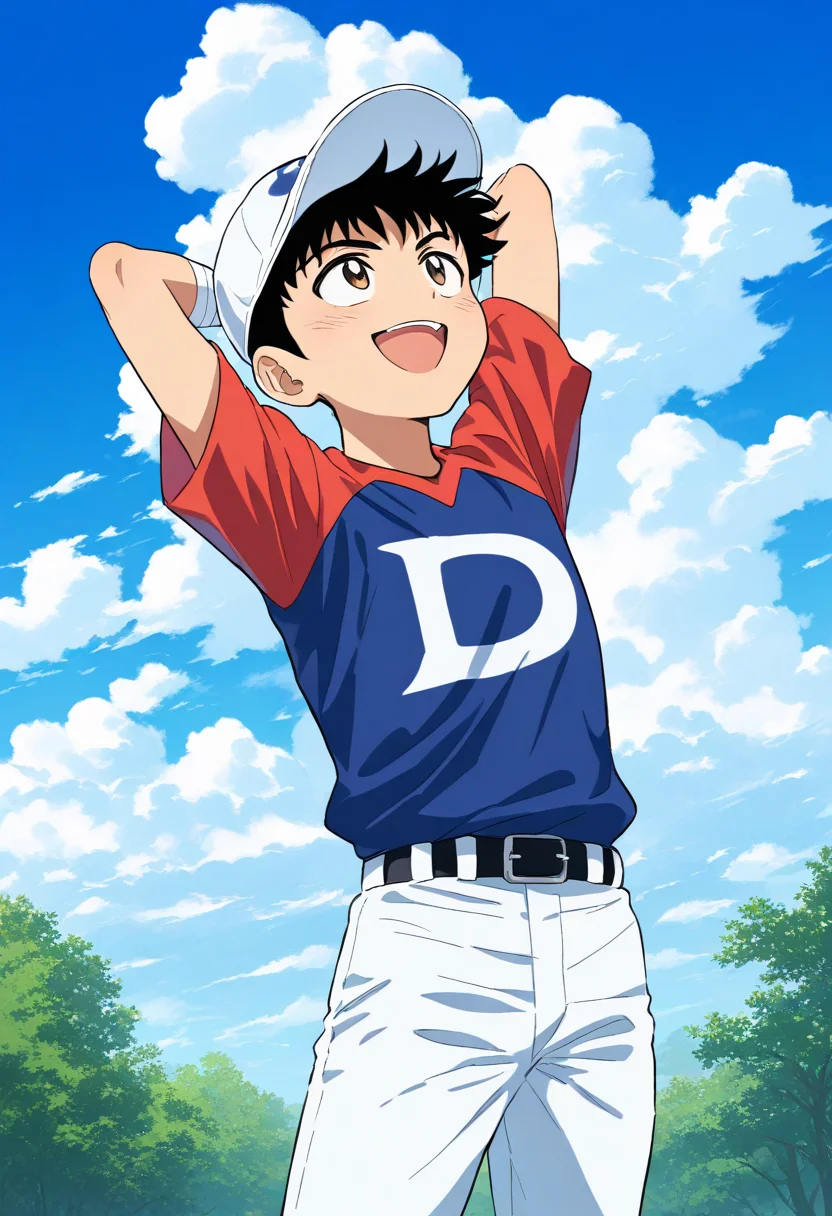 masterpiece,high score,great score,absurdres,goro honda,goro honda\(little league\),1boy,male focus,white pants,sky,solo,cloud,pants,smile,shirt,blue sky,belt,day,arms behind head,open mouth,bandages,black belt,arms up,outdoors,short sleeves,white headwear,blue shirt,sportswear,cloudy sky,looking up,hat,mifune dolphins baseball jersey,<lora:Goro_Shigeno_V1-1:0.8>,official art,