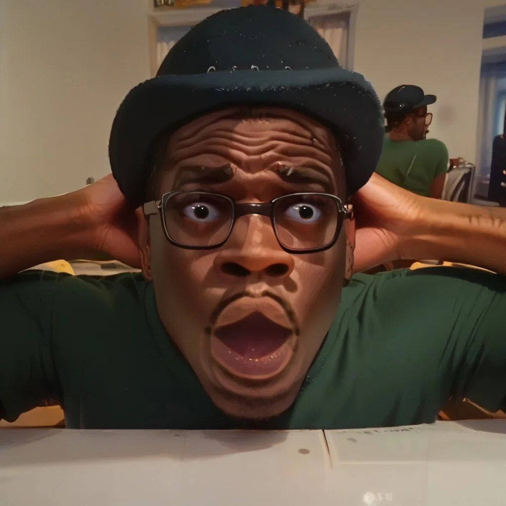 score_9, score_8_up, score_7_up, score_6_up, score_5_up, score_4_up,
meme, eyes wide, big nostrils, thick lips, mouth agape, hands on head, BigSmoke, black eyes, dark-skinned male, facial hair, glasses, black headwear,green shirt, pants,
perfect face, perfect anatomy,
Expressiveh,