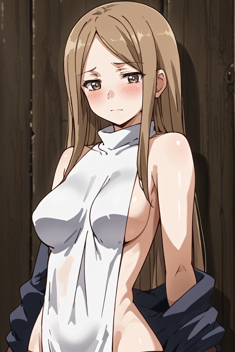 source_anine, 1girl, , solo, , blush, long hair, brown hair, , colored skin, , bare shoulders, side boobs
