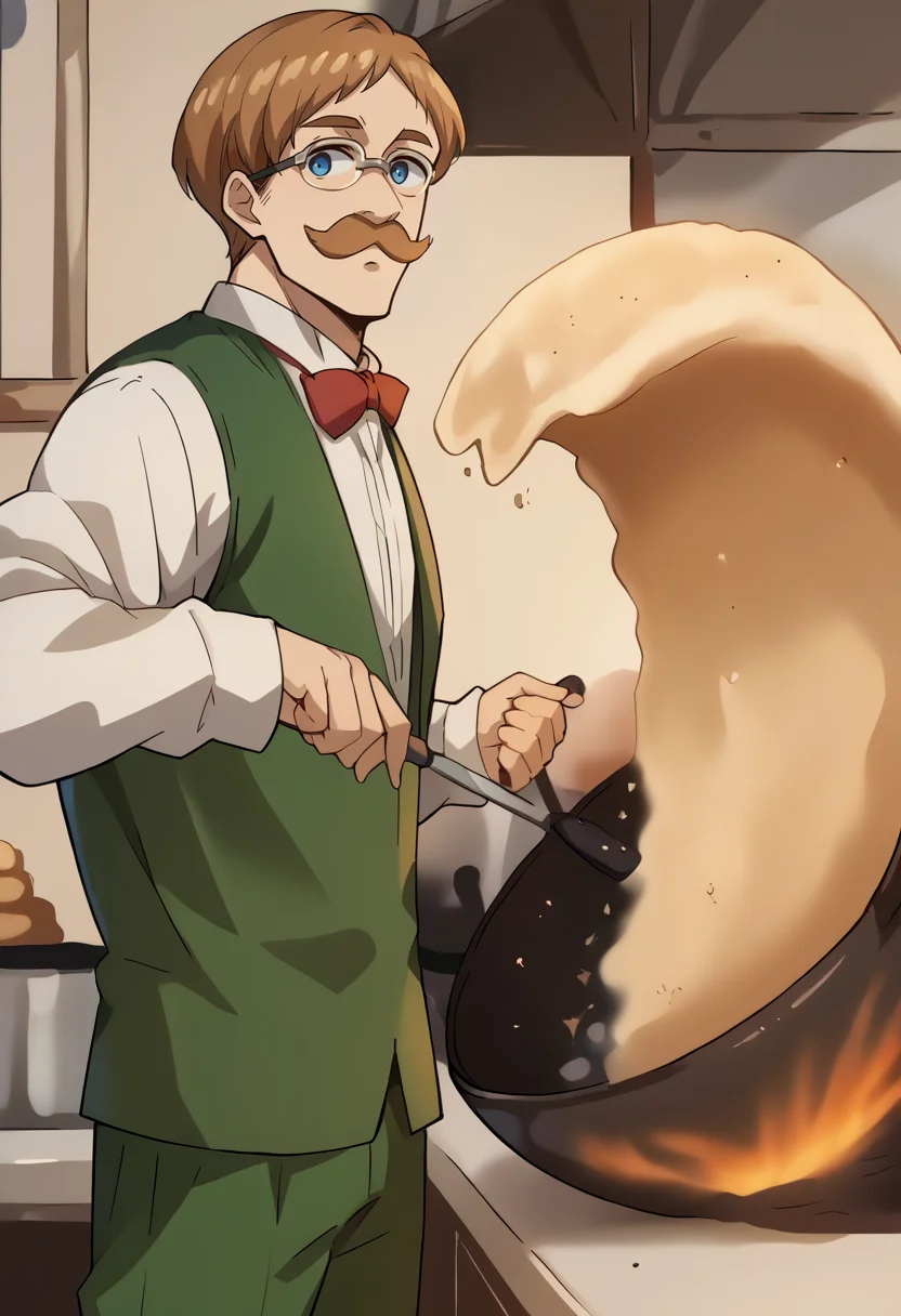 score_9, score_8_up, score_7_up, source_anime, 1boy, solo, Escanor, skinny, short hair, brown hair, mustache, blue eyes, glasses, white shirt, red bow, green vest, long sleeves, white sleeves, green pants, incrsfriedriceprankmeme, food, fried egg, frying pan, holding, kitchen, <lora:ChamEscanorPonyXL:1.0>, <lora:FriedRicePrankMeme_XLPD:1.0>