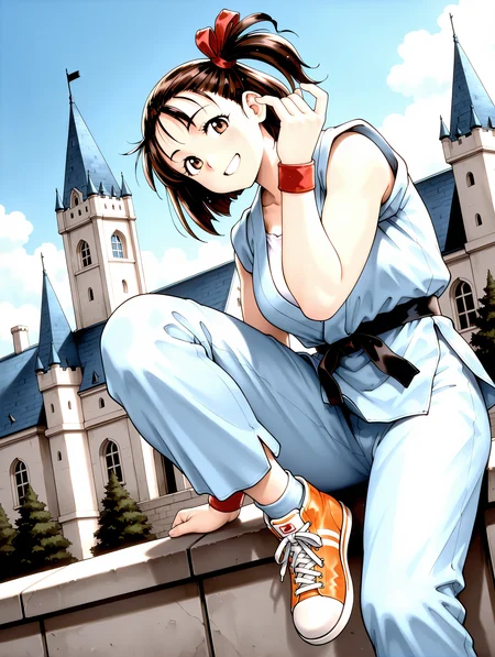 masterpiece,best quality,newest,1girl,solo,
<lora:i_ryouko_ilxl_v1.2:1>,
ryouko,brown hair,Side ponytail,ribbon,r_clothes,r_sneakers,dougi,orange sneakers,gothic architecture,castle,church,smile,<lora:Fixhands_anime_bdsqlsz_V1:1>,cinematic_angle,looking_at_viewer,