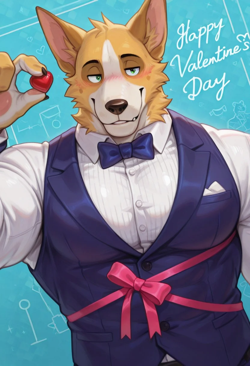 score_9, score_8_up, score_7_up, score_6_up, uncensored, masterpiece, best quality , furry, anthro, blush, blue , muscular male, boltund (pink fur), pink ears, short hair, abs, hunk, bara, large pectorals, thick pecs, tuxedo vest, fully clothed, male, upper body, dutch angle, male focus, solo, holding out candy, detailed body, detailed background, perfect hands, perfect anatomy, high quality, valentine's day background, red cursive text in ribbon (Happy Valentine's Day)