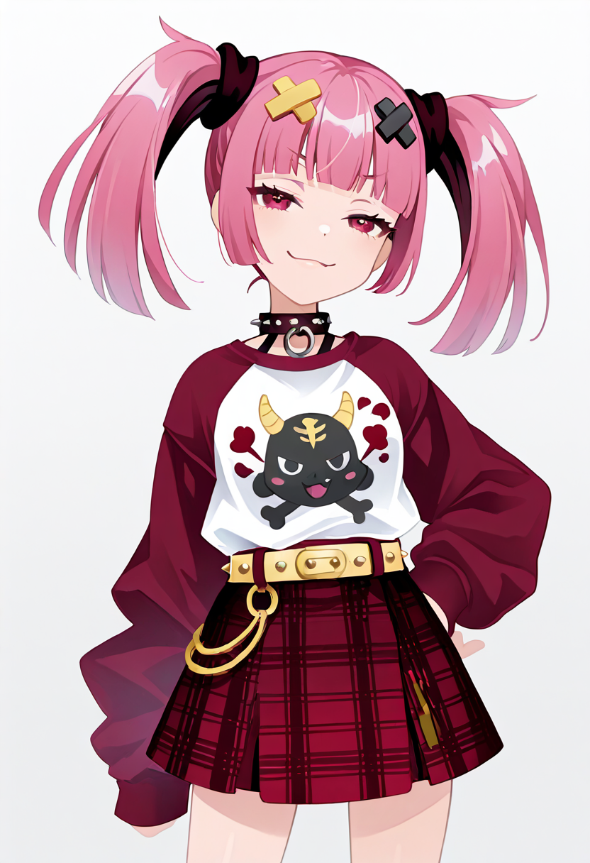 masterpiece, best quality, 1girl, solo, eyelashes, (beautiful eyes), smile, smug,  zzSango, pink hair, twintails, blunt bangs, hair ornament,  <lora:SangoPokemonIXL_v1:0.8>,  C0utur3Cr4z3, 1girl, solo, skirt, simple background, shirt, long sleeves, white background, jewelry, white shirt, choker, belt, miniskirt, grey background, collar, plaid, plaid skirt, clothes writing, spikes, , raglan sleeves, print shirt, spiked bracelet, spiked collar, studded belt,   <lora:CoutureCraze_IXL:1.0>,