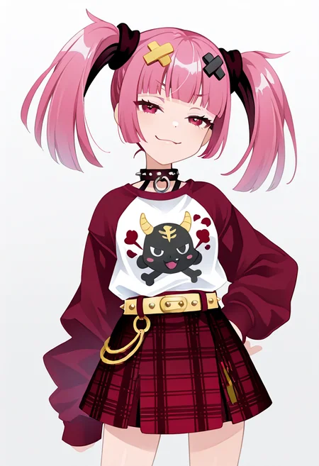masterpiece, best quality, 1girl, solo, eyelashes, (beautiful eyes), smile, smug, zzSango, pink hair, twintails, blunt bangs, hair ornament, <lora:SangoPokemonIXL_v1:0.8>, C0utur3Cr4z3, 1girl, solo, skirt, simple background, shirt, long sleeves, white background, jewelry, white shirt, choker, belt, miniskirt, grey background, collar, plaid, plaid skirt, clothes writing, spikes, , raglan sleeves, print shirt, spiked bracelet, spiked collar, studded belt, <lora:CoutureCraze_IXL:1.0>,