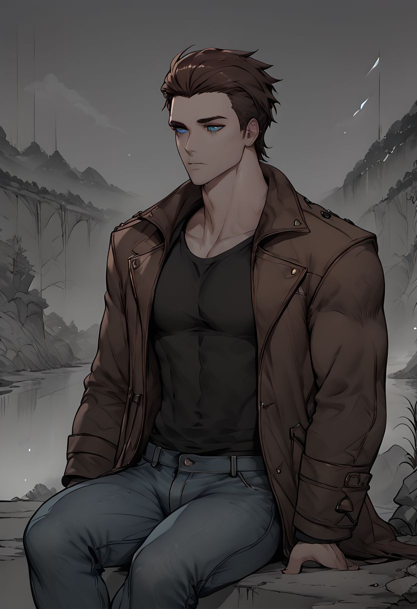 score_9, score_8_up, score_7_up, 1 man, shen, shen from league of legends, brown hair, muscular man, blue eyes, coat, jeans, black shirt, sitting alone, loneliness, silence, empty look, scenery, greyscale